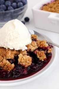 A serving of blueberry crisp topped with a scoop of vanilla ice cream on a white plate, with a spoon and a bowl of fresh blueberries in the background.