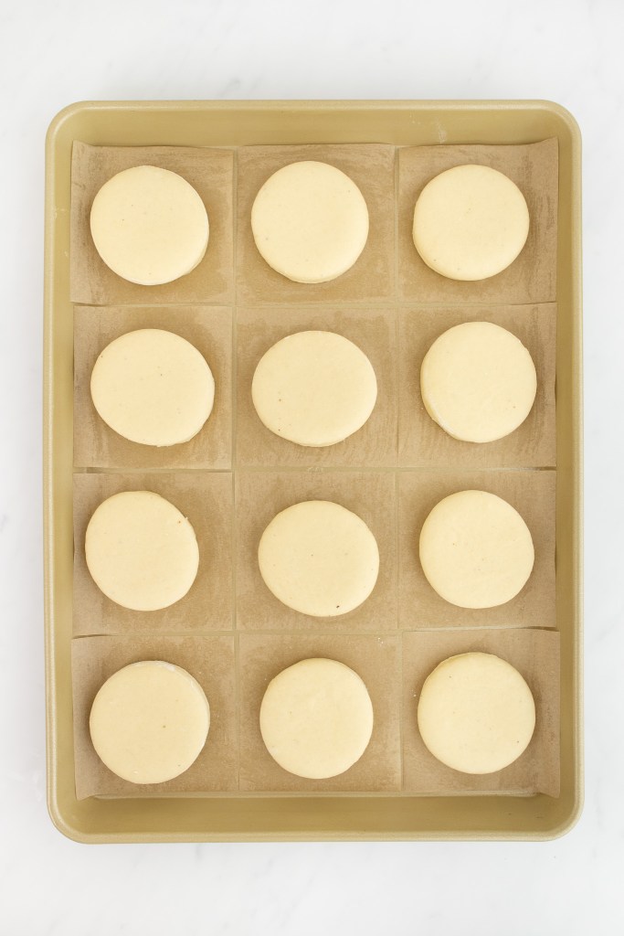 A baking sheet with twelve evenly spaced, unbaked and un-risen donuts on parchment paper squares, arranged in a 3 by 4 grid.